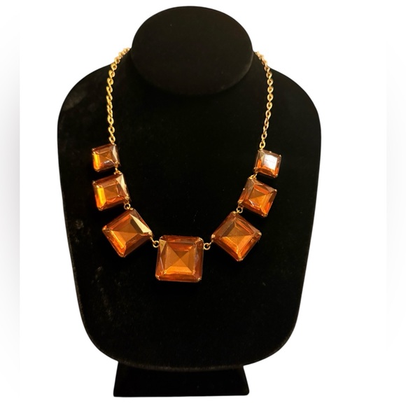 Vintage Jewelry - Vintage Y2K Gold Necklace w/Square Amber/Orange Stones 18”